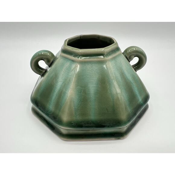 Anthropologie Celadon Drip Glaze Lidded Octagon Shaped Sugar Bowl Jar w Handles - Picture 2 of 9